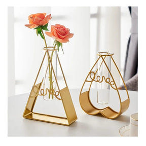 Glass Metal Frame Stand Flower Vase for Office Home Decoration